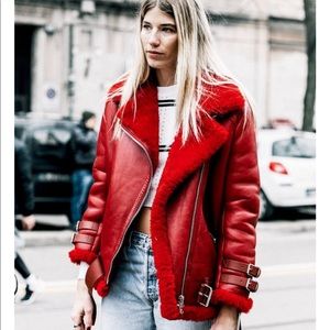 BNWT! Bershka red Moto faux fur bomber jacket/coat